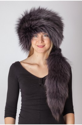 Dark blue fox fur hat with tail